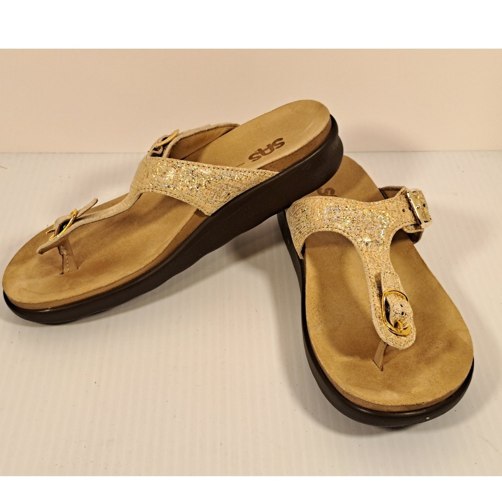 SAS Women Gold Metallic Shimmer Thong Sandals Adjustable Buckle Slide USA‎ Made